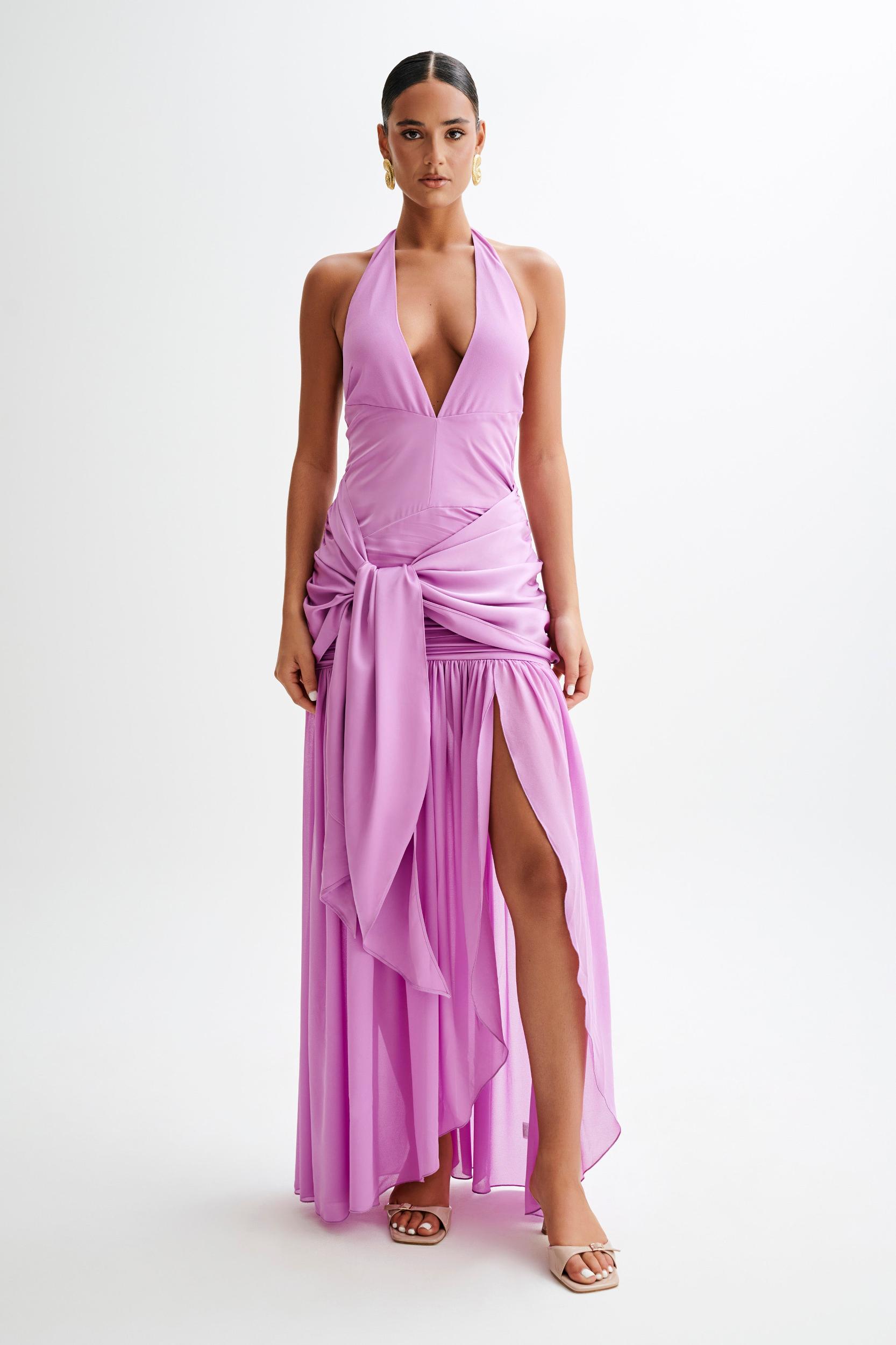 Graziana Satin Chiffon Plunge Maxi Dress - Violet Product Image