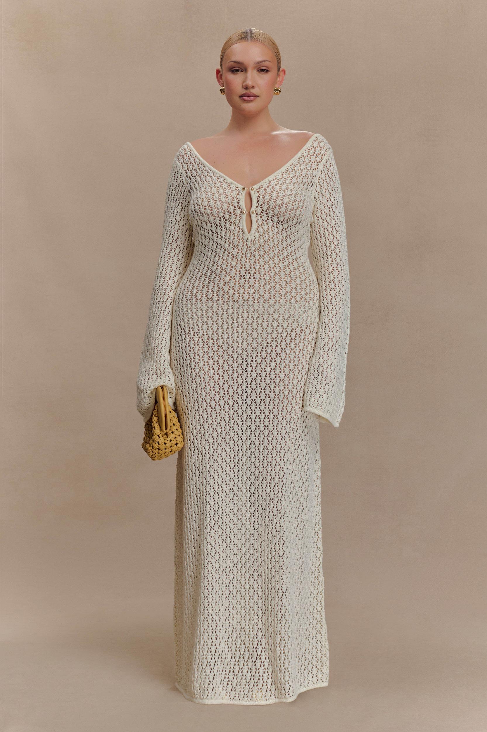 Kayleigh Crochet Fishtail Flare Sleeve Maxi Dress - White Product Image