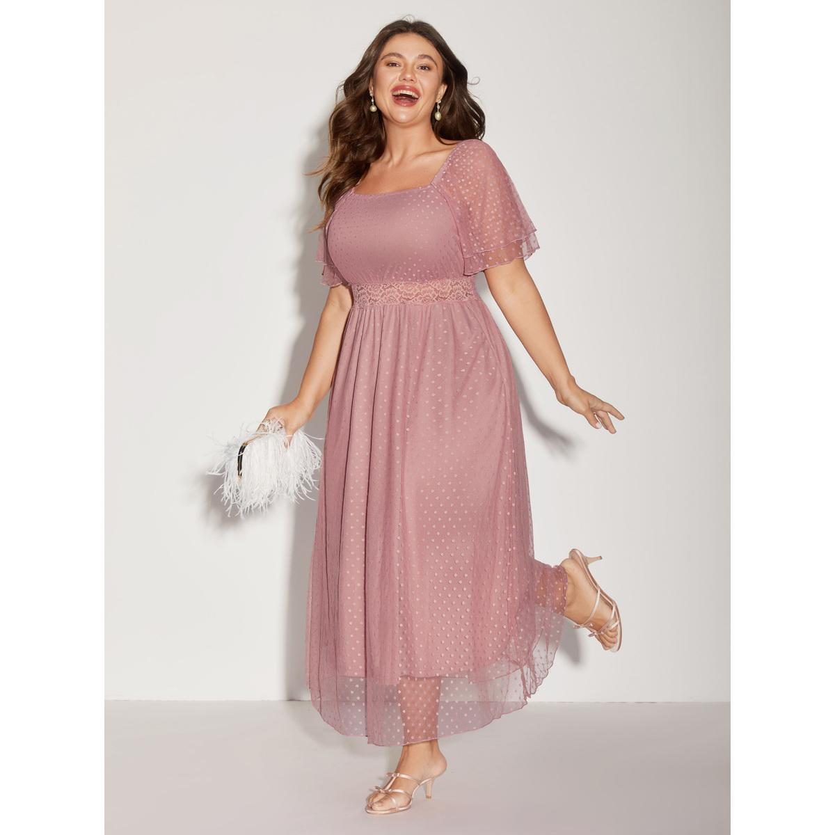 Plus Size Textured Dot Lace Trim Midi Dress Watermelon Women Formal Square Neck Short sleeve Curvy BloomChic 12/L Product Image