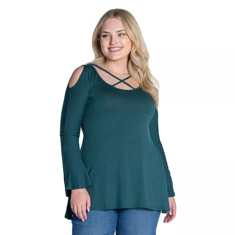 Plus Size 24Seven Comfort Apparel Long Sleeve Criss Cross Cold Shoulder Top, Women's, Size: 1XL, Red Product Image