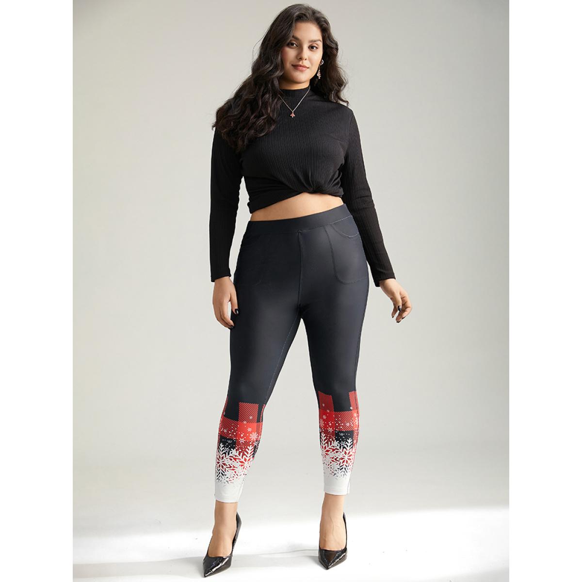 Plus Size Snowflakes Plaid Pocket Skinny Leggings Women Black Elegant High stretch Skinny High Rise Festival-Christmas Leggings BloomChic 14-16/1X Product Image