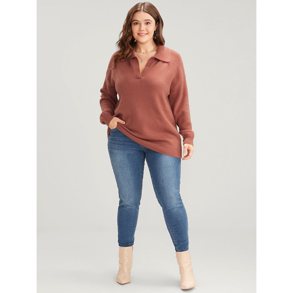 Plus Size Solid Super Soft Knit Lapel Collar Fluffy Knit Top Russet Women Casual Loose Long Sleeve Lapel Collar Dailywear Pullovers BloomChic 26/4X Product Image
