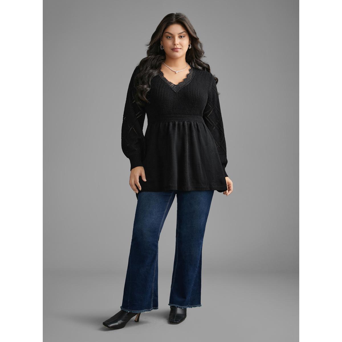 Plus Size V Neck Lace Panel Lantern Sleeve Pullover Black Women Casual Bodycon Long Sleeve V-neck Everyday Pullovers BloomChic 26/4X Product Image