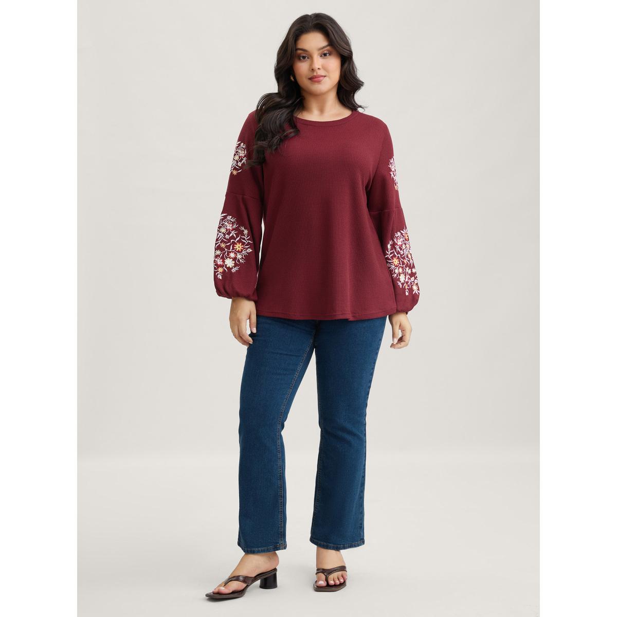 Plus Size Waffle Knit Floral Embroidered Lantern Sleeve T-shirt Burgundy Women Leisure Texture Floral Round Neck Casual T-shirts BloomChic 22-24/3X Product Image