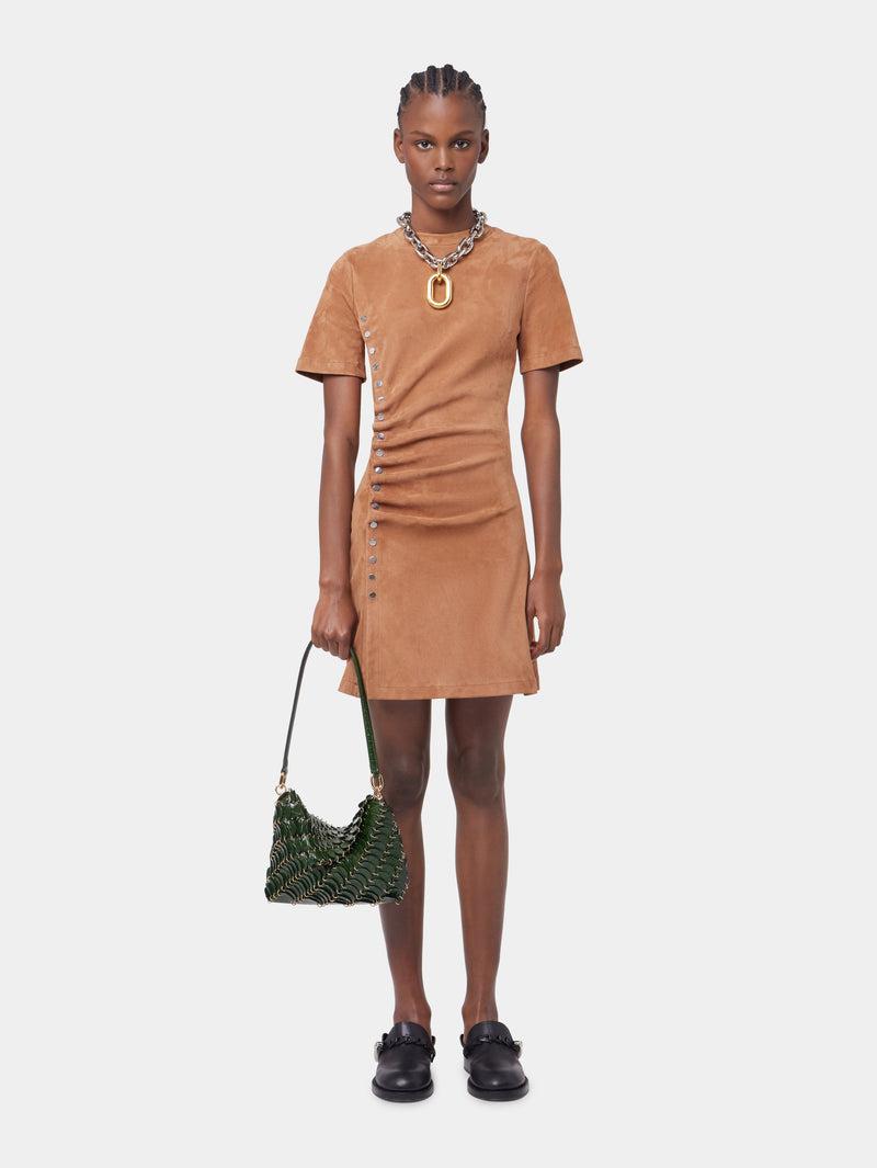 CAMEL SHORT DRAPED DRESS IN LEATHER Product Image