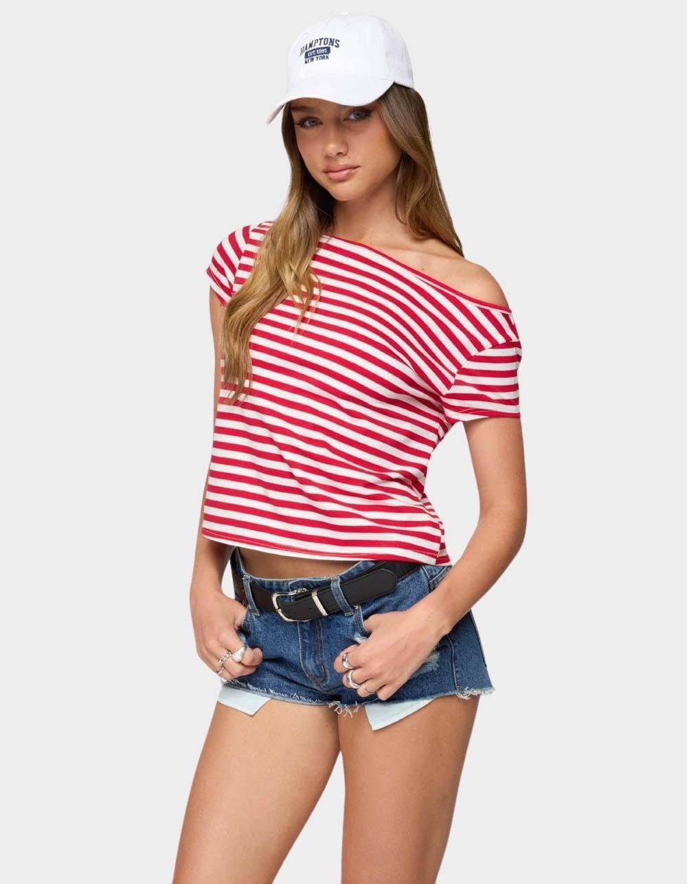 EDIKTED Aretha Striped Off Shoulder Top - RED Product Image