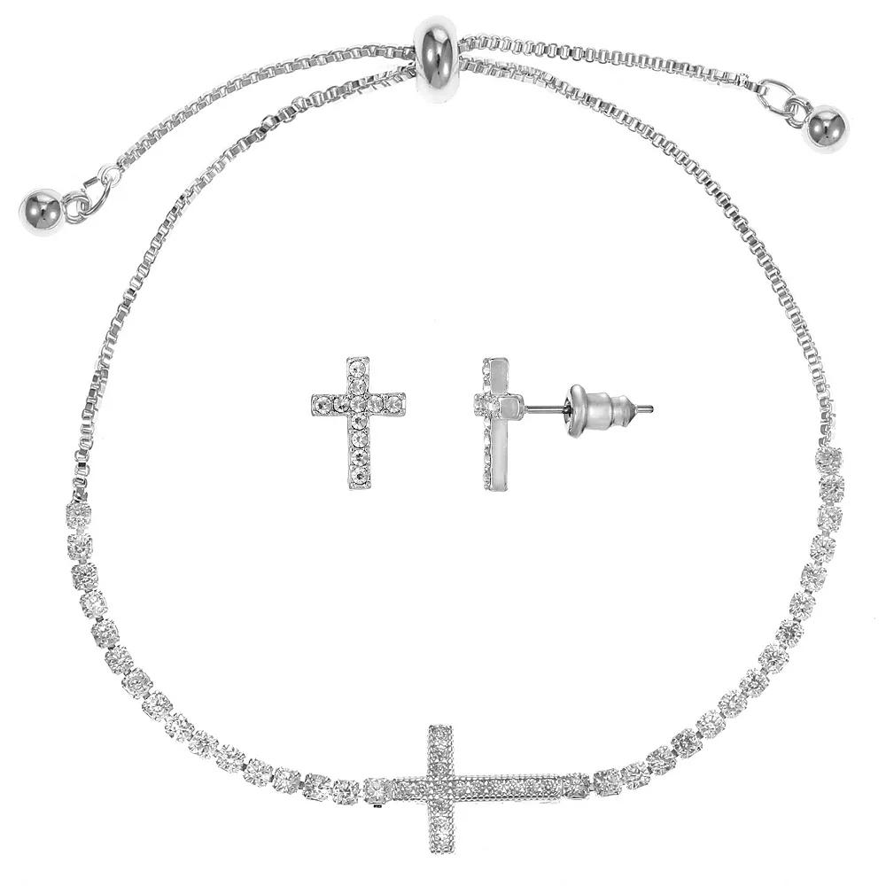 Primavera Silver Plated Cubic Zirconia Sideways Cross Adjustable Bracelet & Stud Earring Set, Womens Silver Tone Product Image