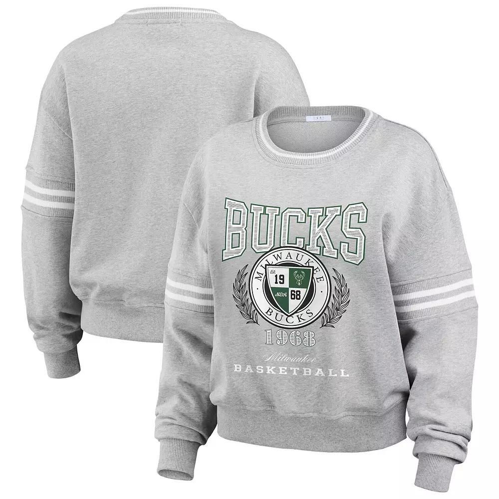 Women's WEAR by Erin Andrews Heather Gray Milwaukee Bucks French Terry Pullover Sweatshirt,  Product Image
