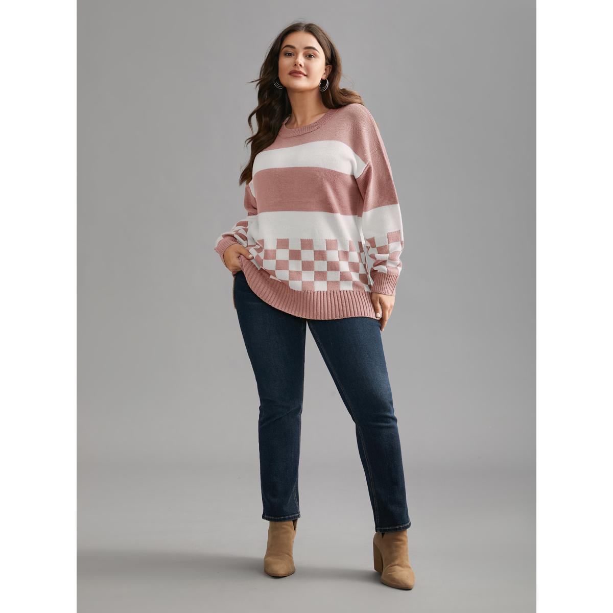 Plus Size Colorblock Contrast Round Neck Split Hem Pullover Crepe Women Leisure Loose Long Sleeve Round Neck Casual Pullovers BloomChic 28/5X Product Image
