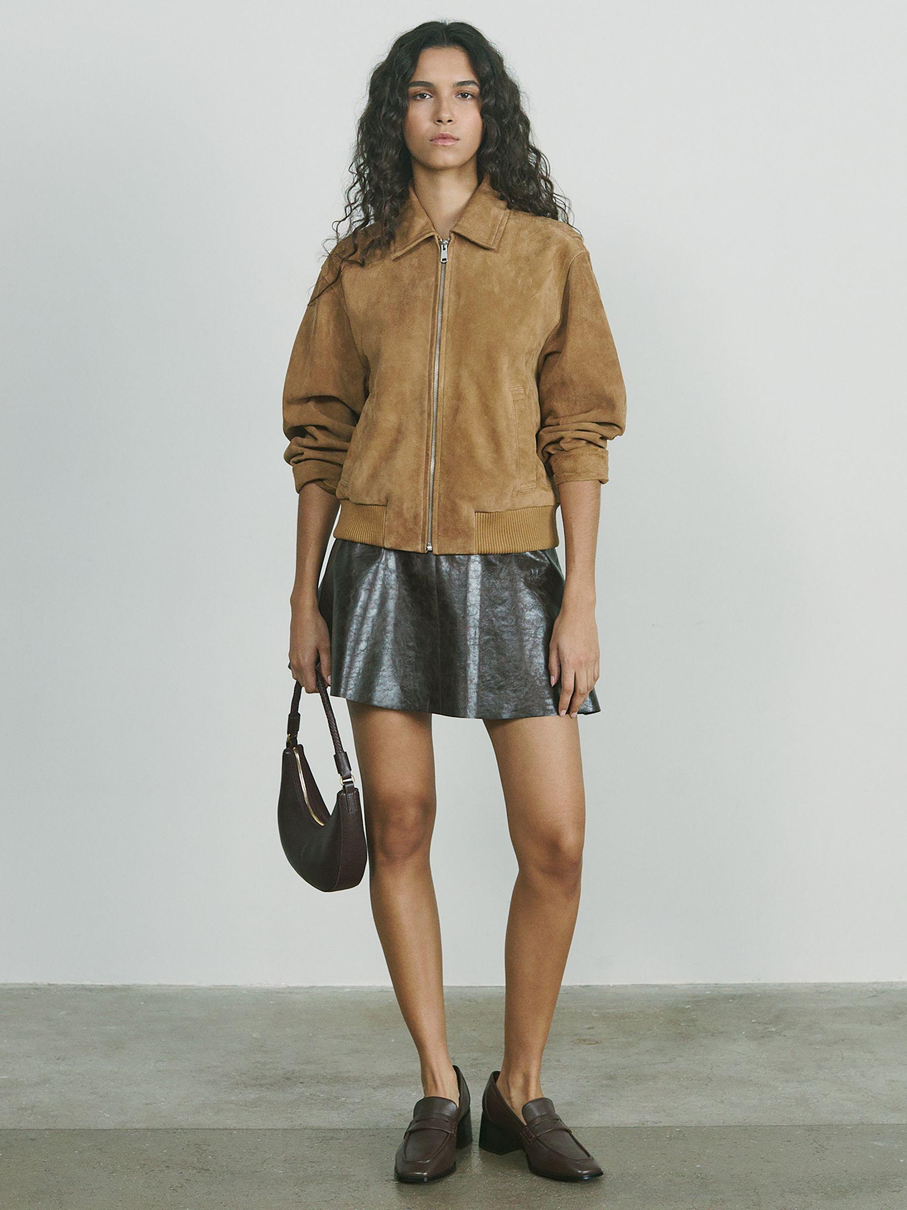 Suede Zip Through Bomber Jacket in Tan Product Image