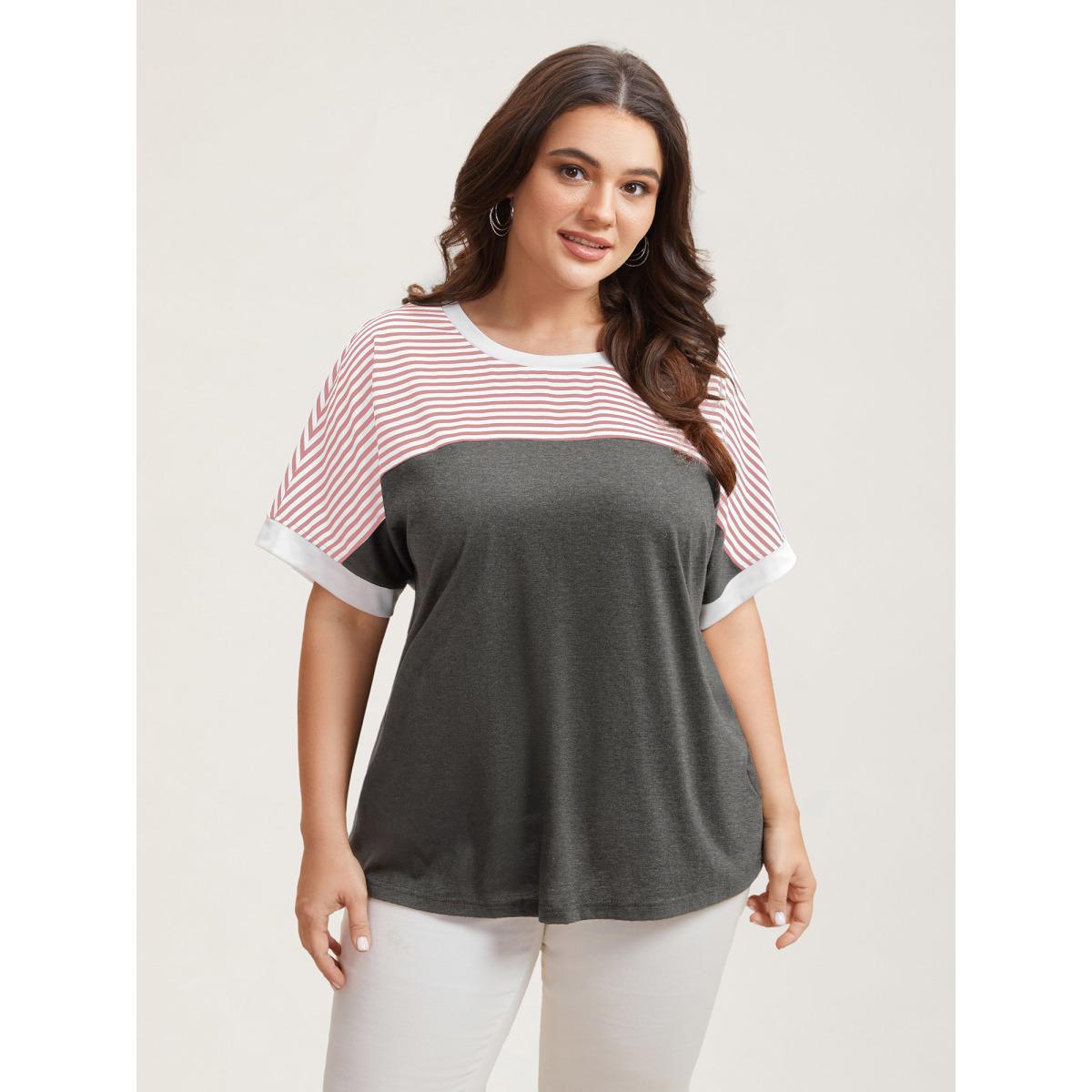 Plus Size Solid and Striped Contrast Hem T-Shirt Crepe Women Casual Contrast Round Neck Everyday T-shirts BloomChic 14-16/1X Product Image