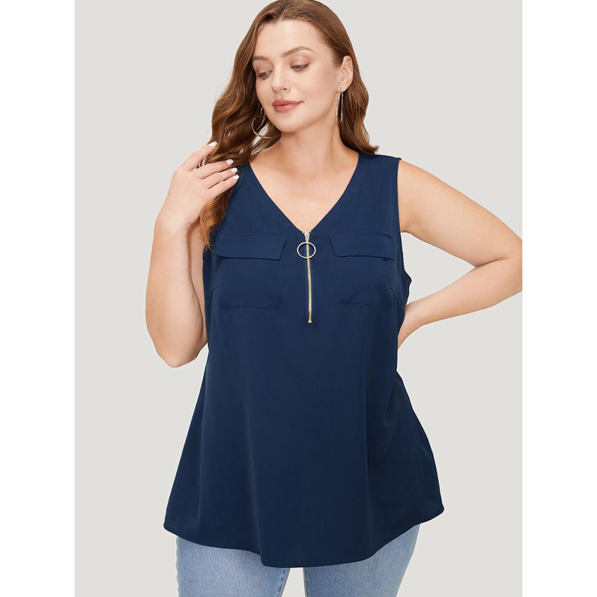 Plus Size Solid Half Zipper Flap Detail Tank Top Women Indigo Casual Zipper V-neck Dailywear Tank Tops Camis BloomChic 18-20/2X Product Image