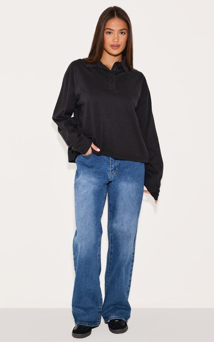 Black Cotton Collar Detail Long Sleeve Top Product Image