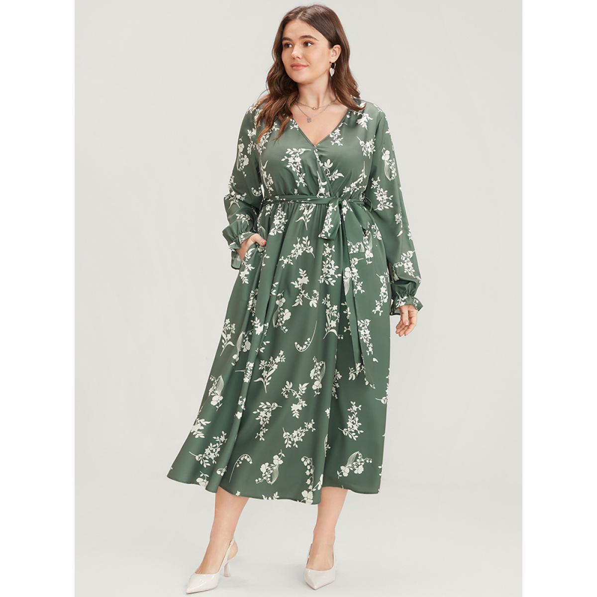 Plus Size Floral Wrap Pocket Lantern Sleeve Belted Ruffle Dress Mint Women Elegant Printed V-neck Long Sleeve Curvy Midi Dress BloomChic 10/M Product Image