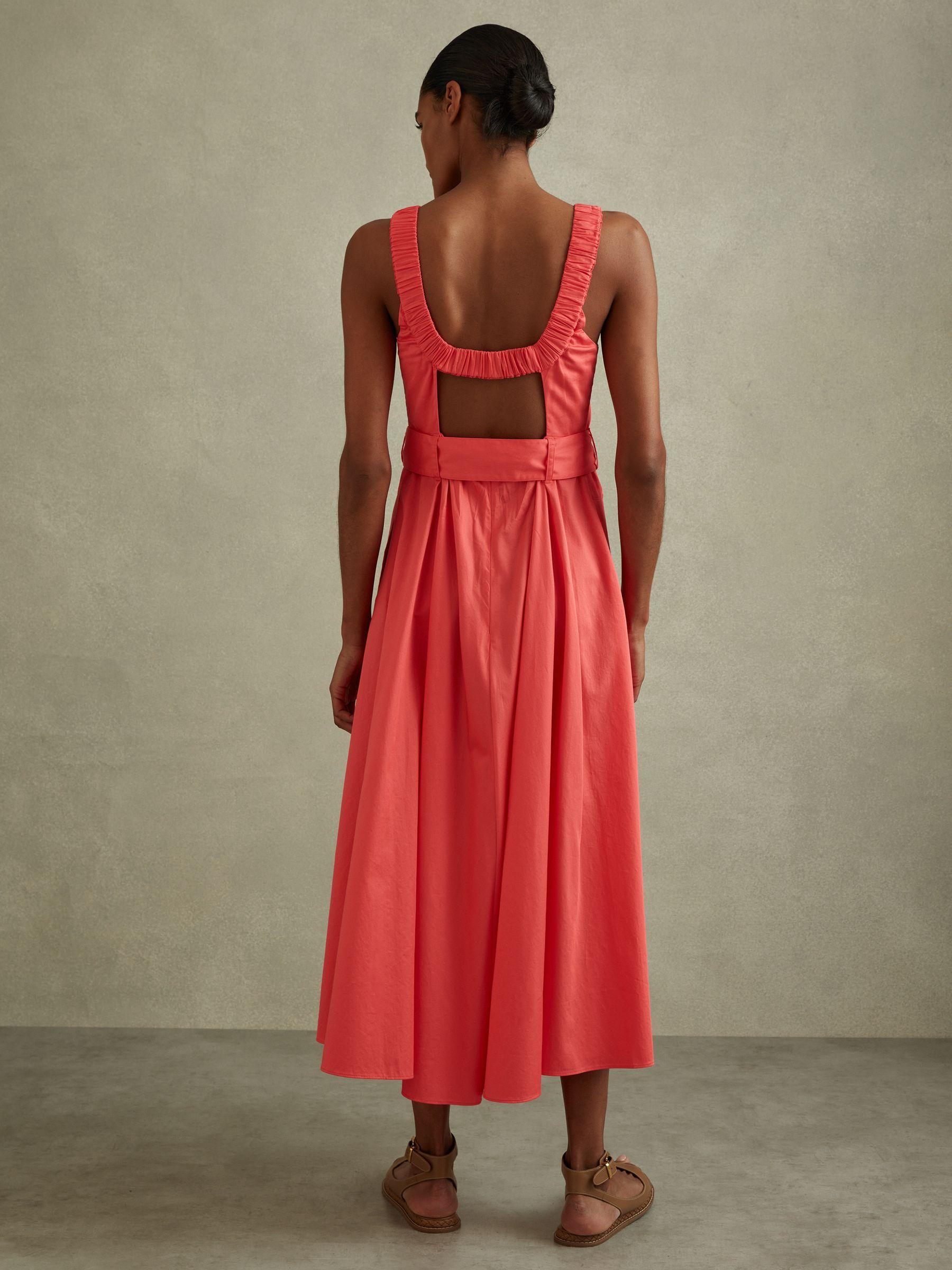 Cotton Ruched Strap Belted Midi Dress in Coral Product Image