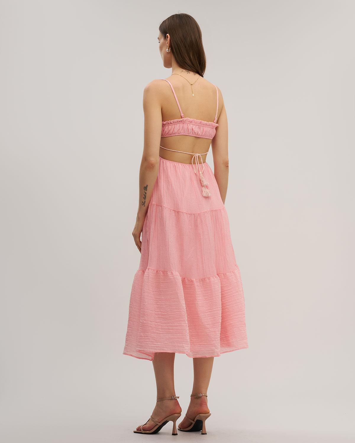 Pink Ruffle Slip Midi Dress Product Image