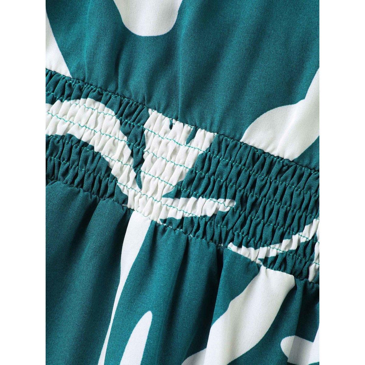 Plus Size Large Flower Print Shirred Waist Midi Dress Teal Women V-neck Short sleeve Curvy BloomChic 14-16/1X Product Image