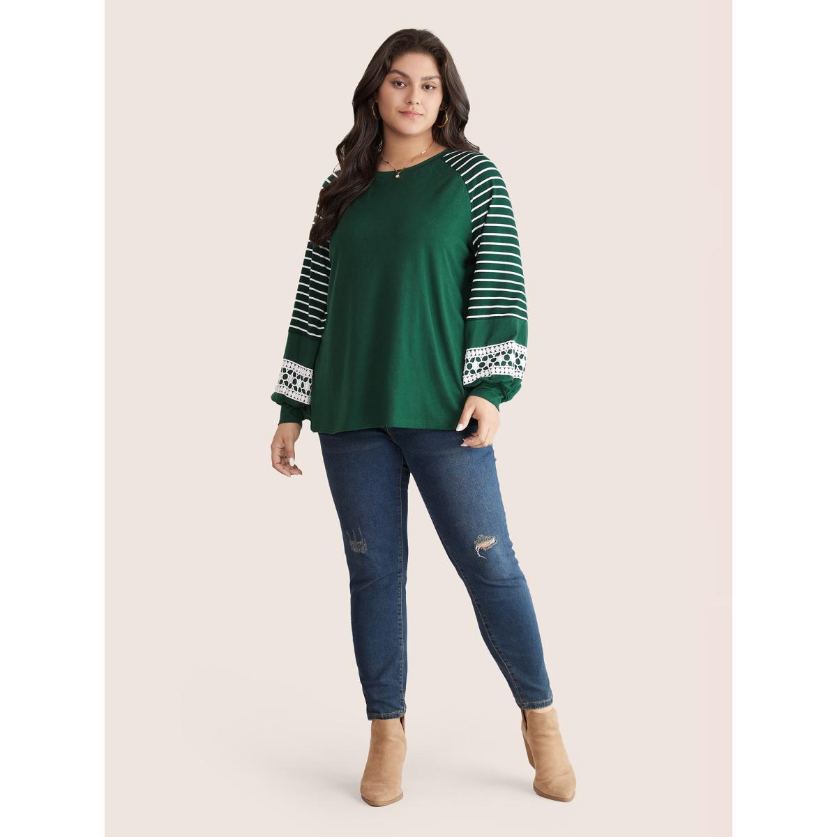 Plus Size Striped Guipure Lace Raglan Sleeve T-shirt DarkGreen Women Elegant Plain Striped Round Neck Dailywear T-shirts BloomChic 14-16/1X Product Image