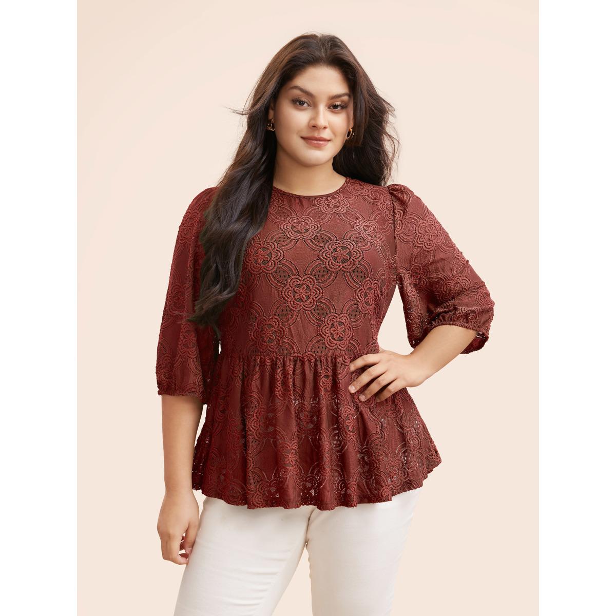 Plus Size Burgundy Crew Neck Crochet Lace Lantern Sleeve Blouse Women Elegant Elbow-length sleeve Round Neck Everyday Blouses BloomChic 26/4X Product Image