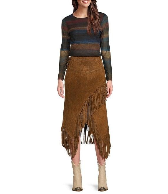 Scully Western Suede Leather High Rise Wrap Fringe Midi Skirt Product Image