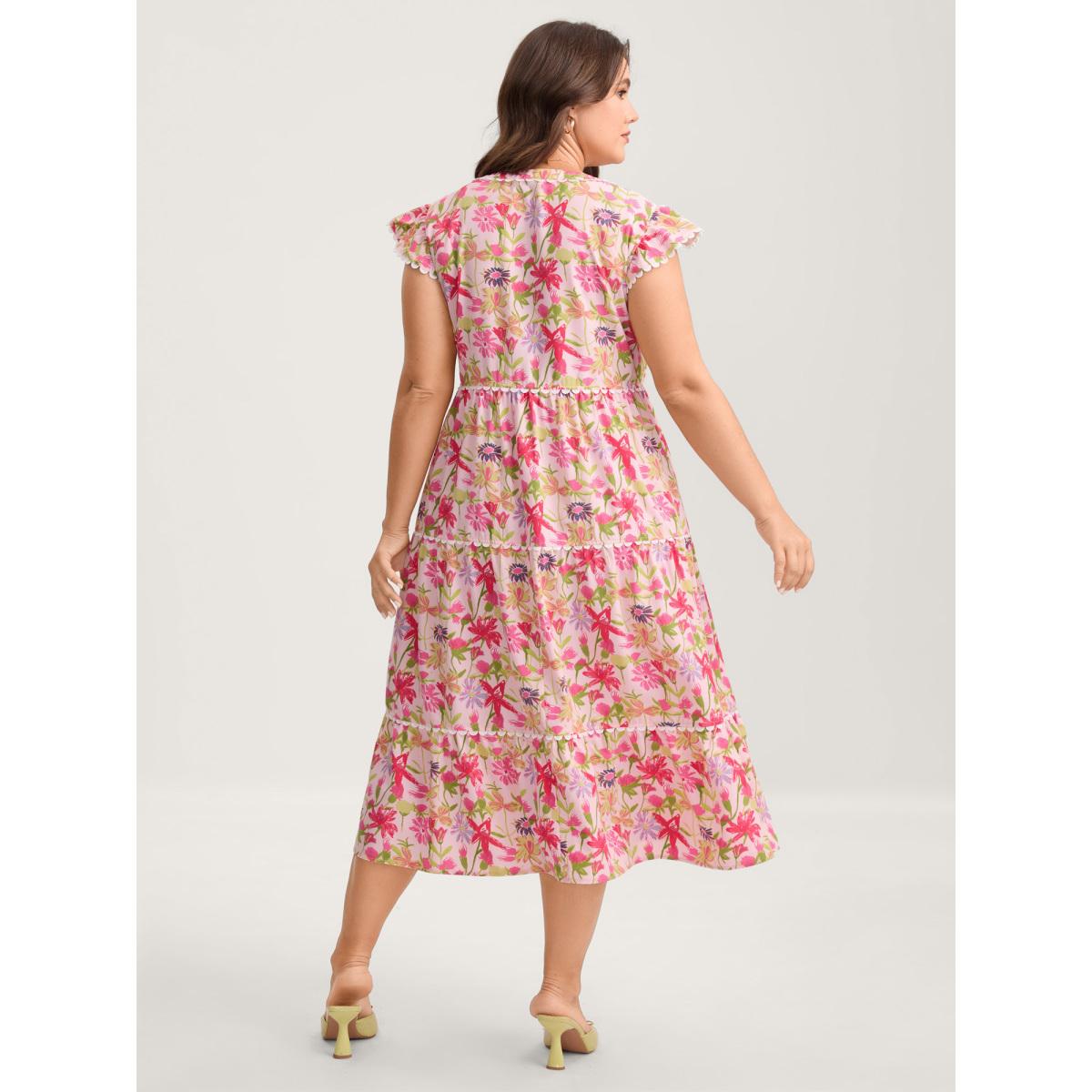 Plus Size Floral Color Block Lace Trim Midi Dress Blush Women Playful Woven ribbon&lace trim Notched collar Cap Sleeve Curvy BloomChic 10/M Product Image