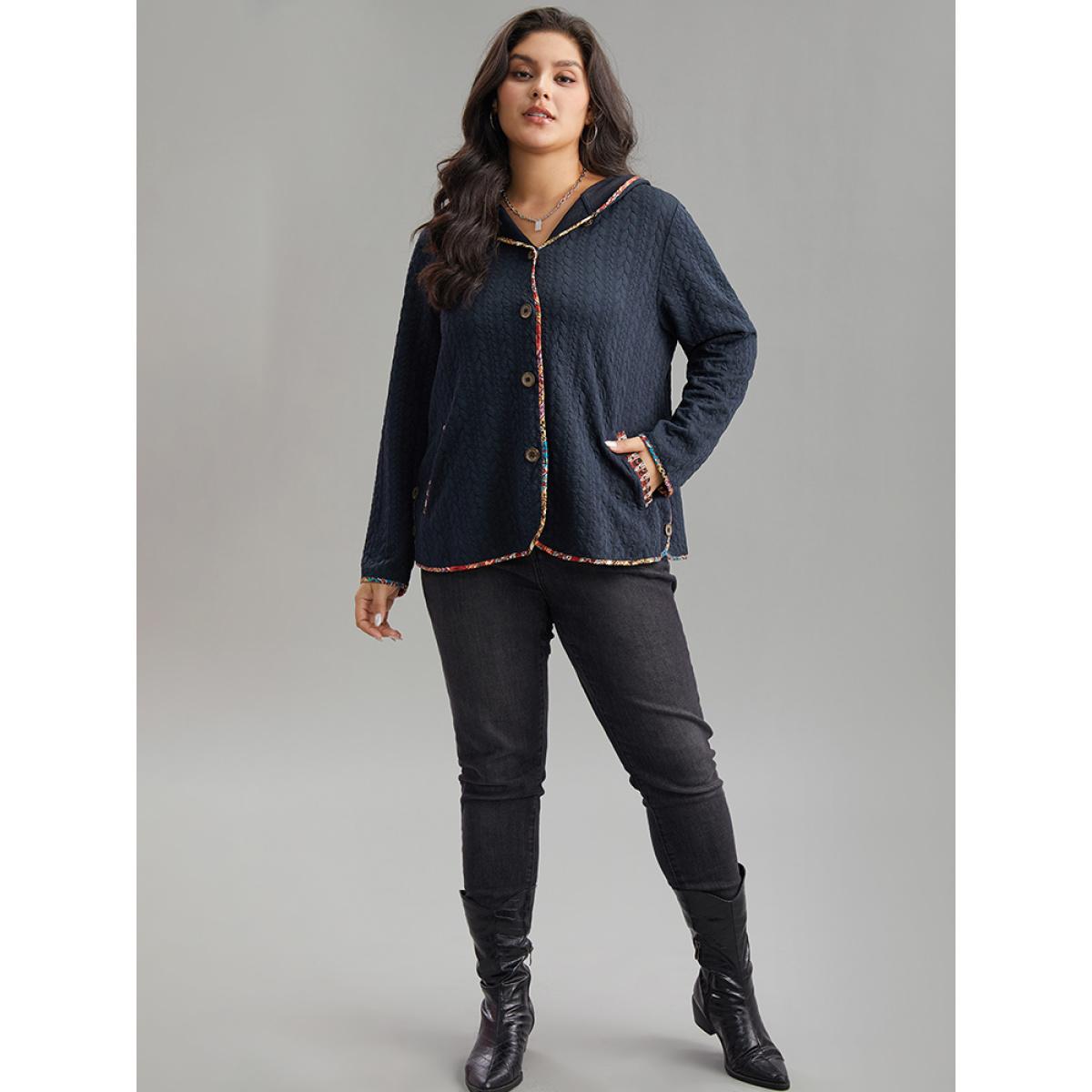 Plus Size Texture Pocket Patchwork Button Detail Jacket Women DarkBlue Texture Pocket Everyday Jackets BloomChic 14-16/1X Product Image
