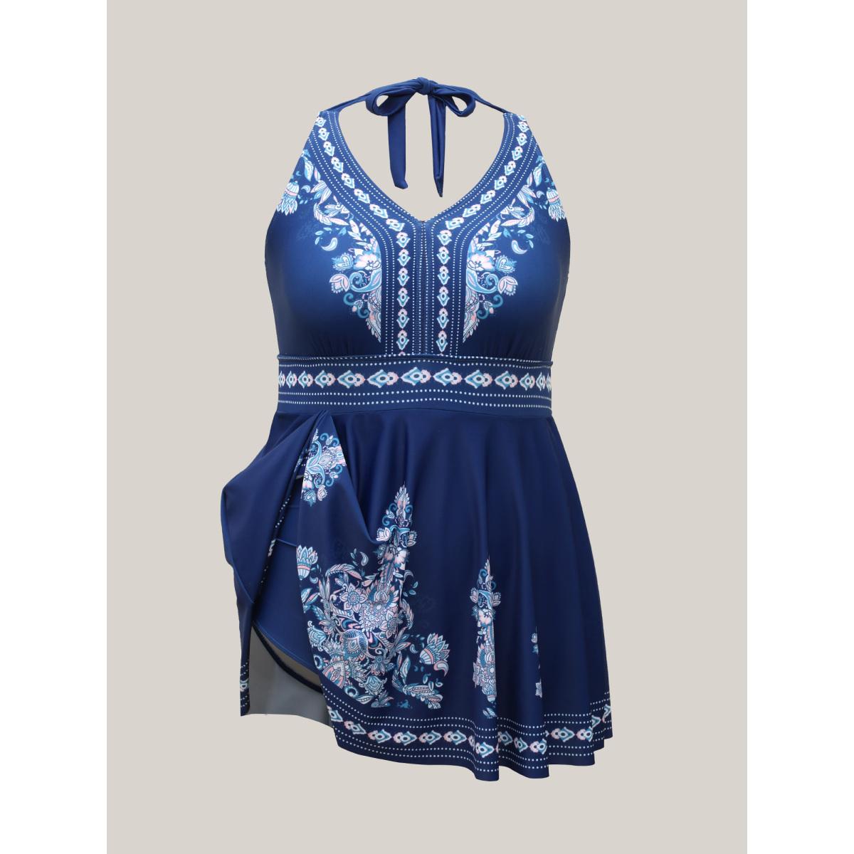 Plus Size Boho Print Halter Neck Swim Dress Women's Swimwear Mediumblue Beach Bodycon V-neck High stretch Curve Swim Dresses BloomChic 14-16/1X Product Image