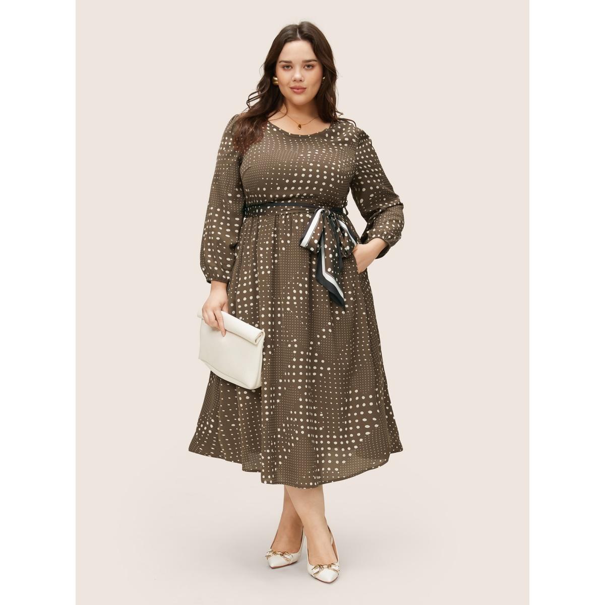 Plus Size Polka Dot Scarf Belted Keyhole Lantern Sleeve Dress DarkBrown Women At the Office Non Round Neck Long Sleeve Curvy Midi Dress BloomChic 28/5X Product Image