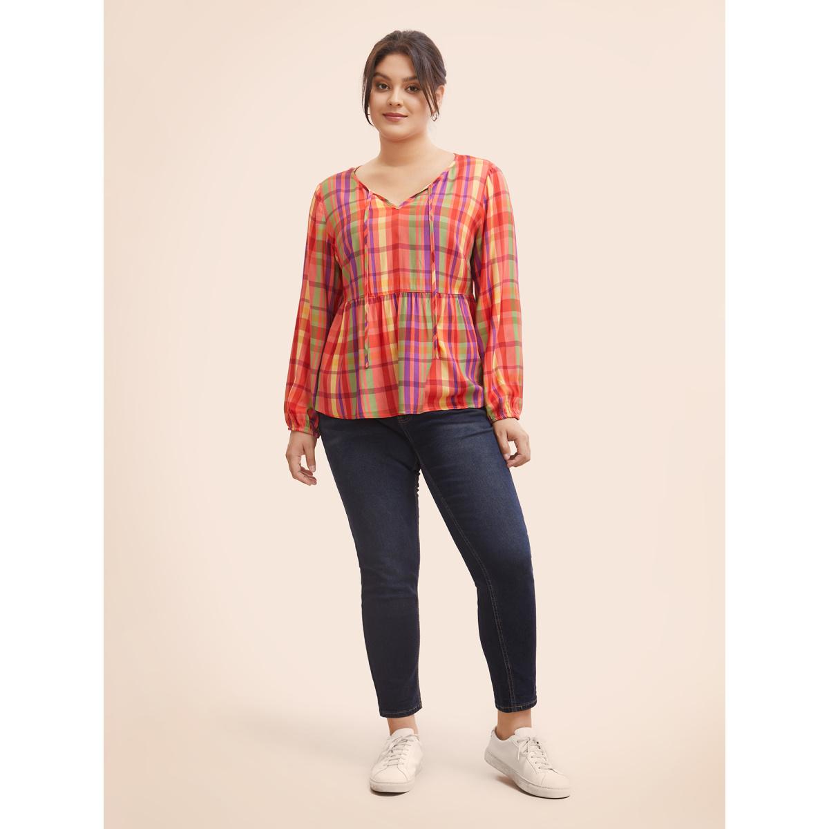 Plus Size Multicolor Colored Plaid Tie Knot Ruffle Hem Blouse Women Casual Long Sleeve Notched collar Everyday Blouses BloomChic 28/5X Product Image