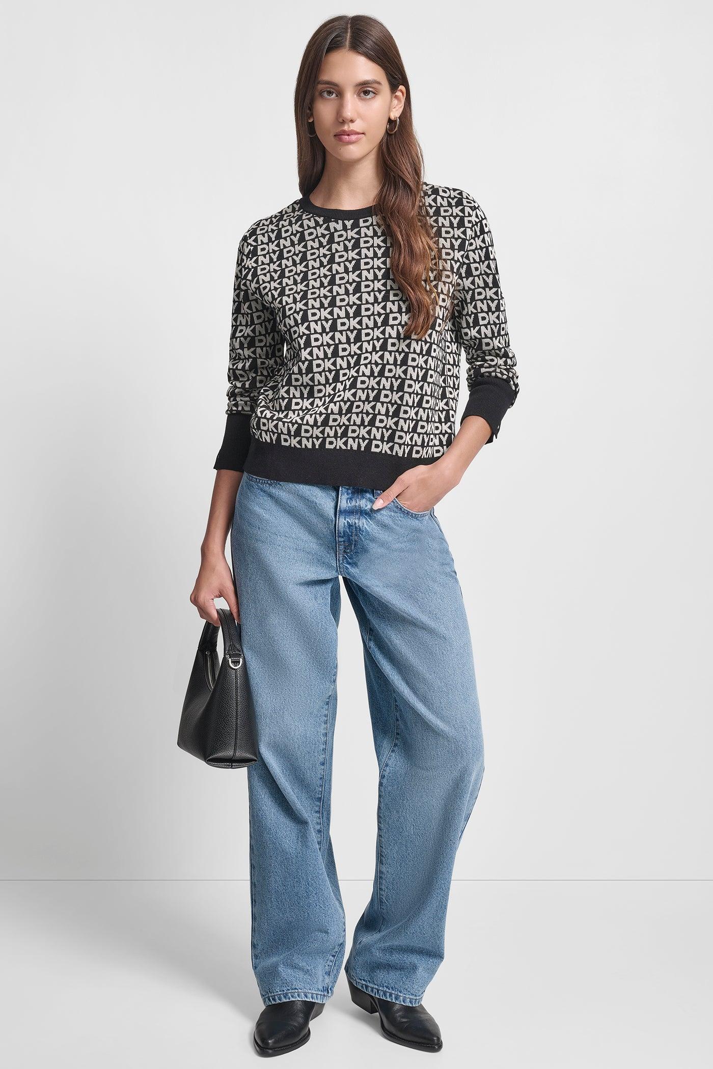 LONG SLEEVE CREW NECK LOGO SWEATER WITH CUFF SLIT Product Image