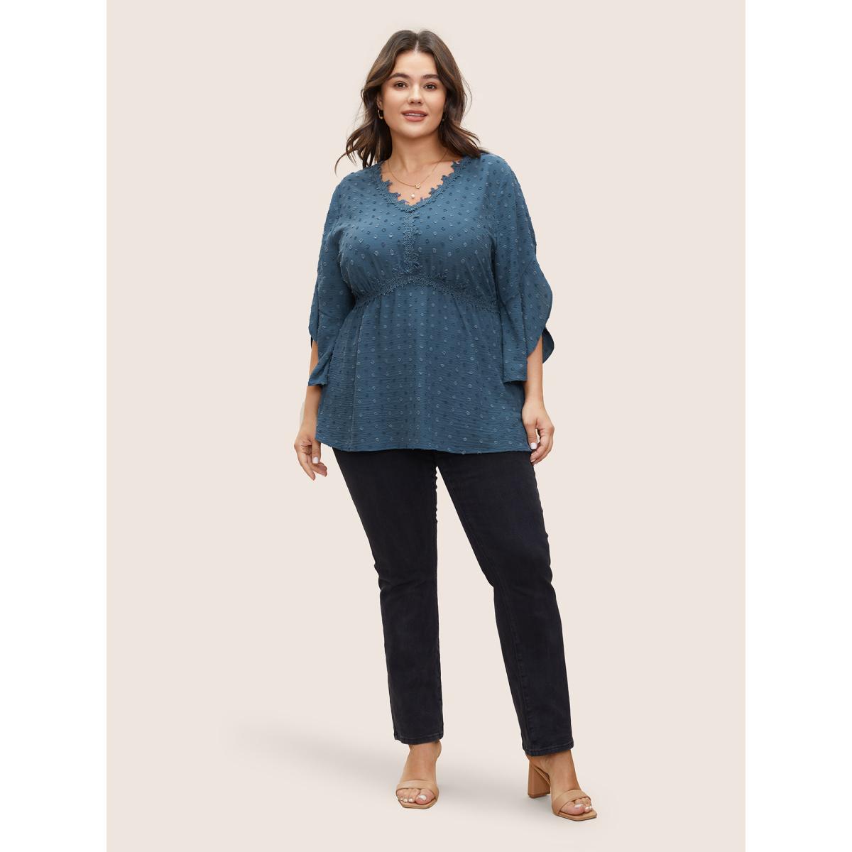 Plus Size Stone Polka Dot Textured Petal Sleeve Lace Trim Blouse Women Elegant Half Sleeve V-neck Work Blouses BloomChic 30/6X Product Image