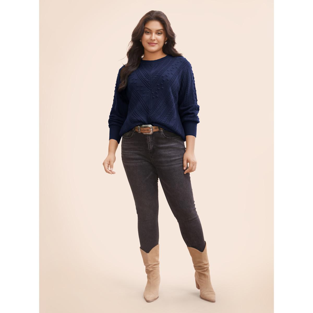 Plus Size Solid Round Neck Cable Knit Pullover Indigo Women Leisure Long Sleeve Round Neck Casual Pullovers BloomChic 18-20/2X Product Image