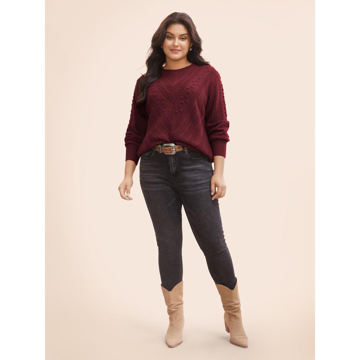 Plus Size Solid Round Neck Cable Knit Pullover Scarlet Women Casual Long Sleeve Round Neck Everyday Pullovers BloomChic 22-24/3X Product Image