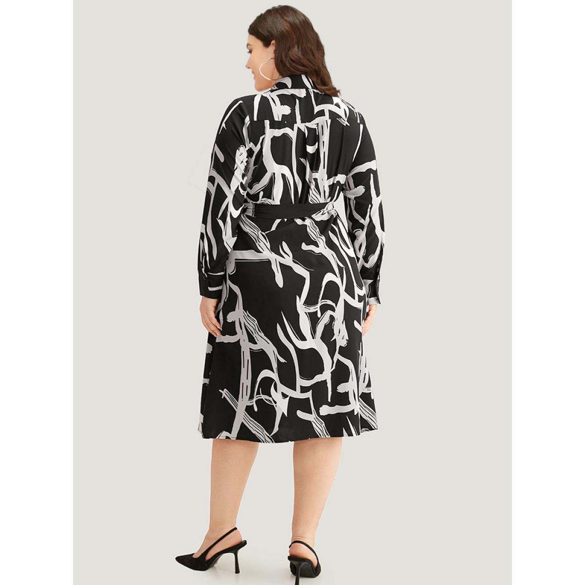 Plus Size Geometric Print Pocket Wrap Ties Dress BlackFlower Women Office Wrap V-neck Long Sleeve Curvy Midi Dress BloomChic 30/6X Product Image