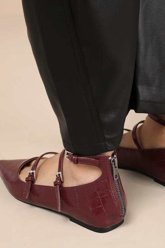 Paysen Burgundy Crocodile-Embossed Ankle Strap Ballet Flats Product Image