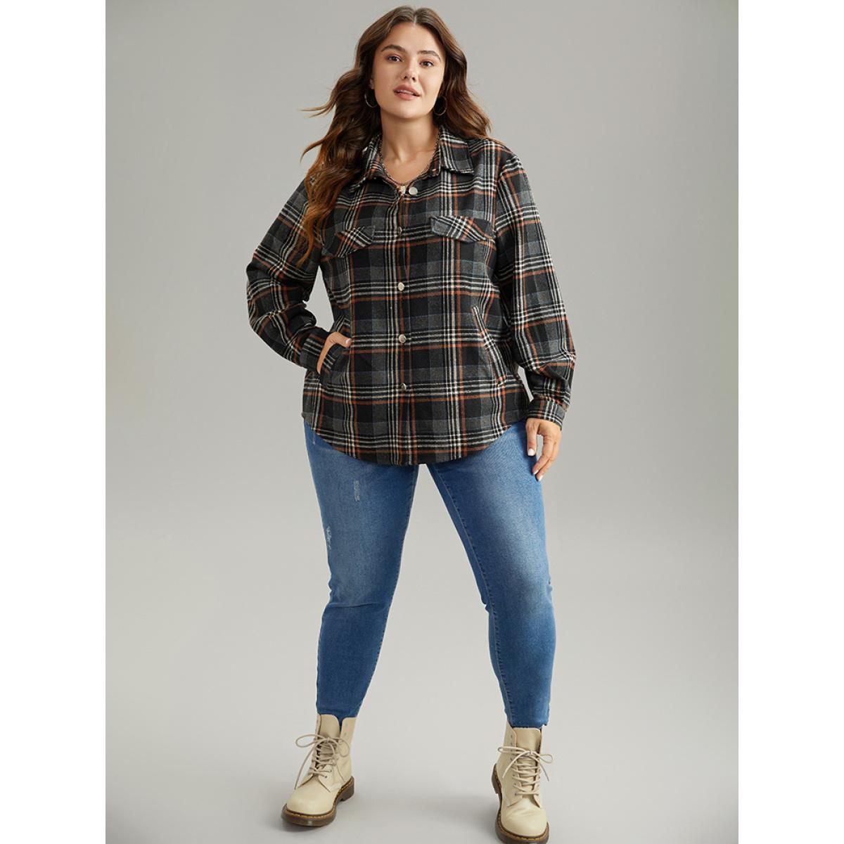 Plus Size Plaid Button Fly Flap Pocket Shacket Women Black Contrast Pocket Dailywear Jackets BloomChic 14-16/1X Product Image