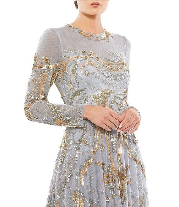 Mac Duggal Long Sleeve A-Line Crew Neck Lined Beaded Gown Product Image