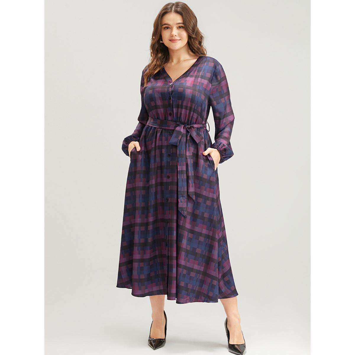 Plus Size Plaid Contrast Button Up Pocket Lantern Sleeve Belted Dress Multicolor Women Elegant Button V-neck Long Sleeve Curvy Midi Dress BloomChic 22-24/3X Product Image