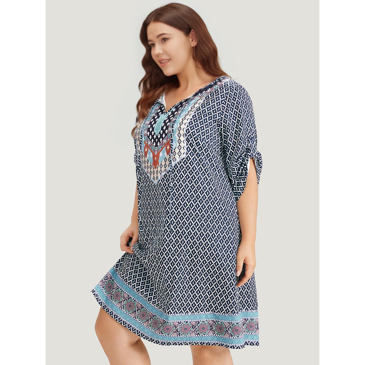 Plus Size Bandana Print Pocket Button Knot Neck Dress DarkBlue Women Vacation Button V-neck Elbow-length sleeve Curvy Knee Dress BloomChic 28/5X Product Image