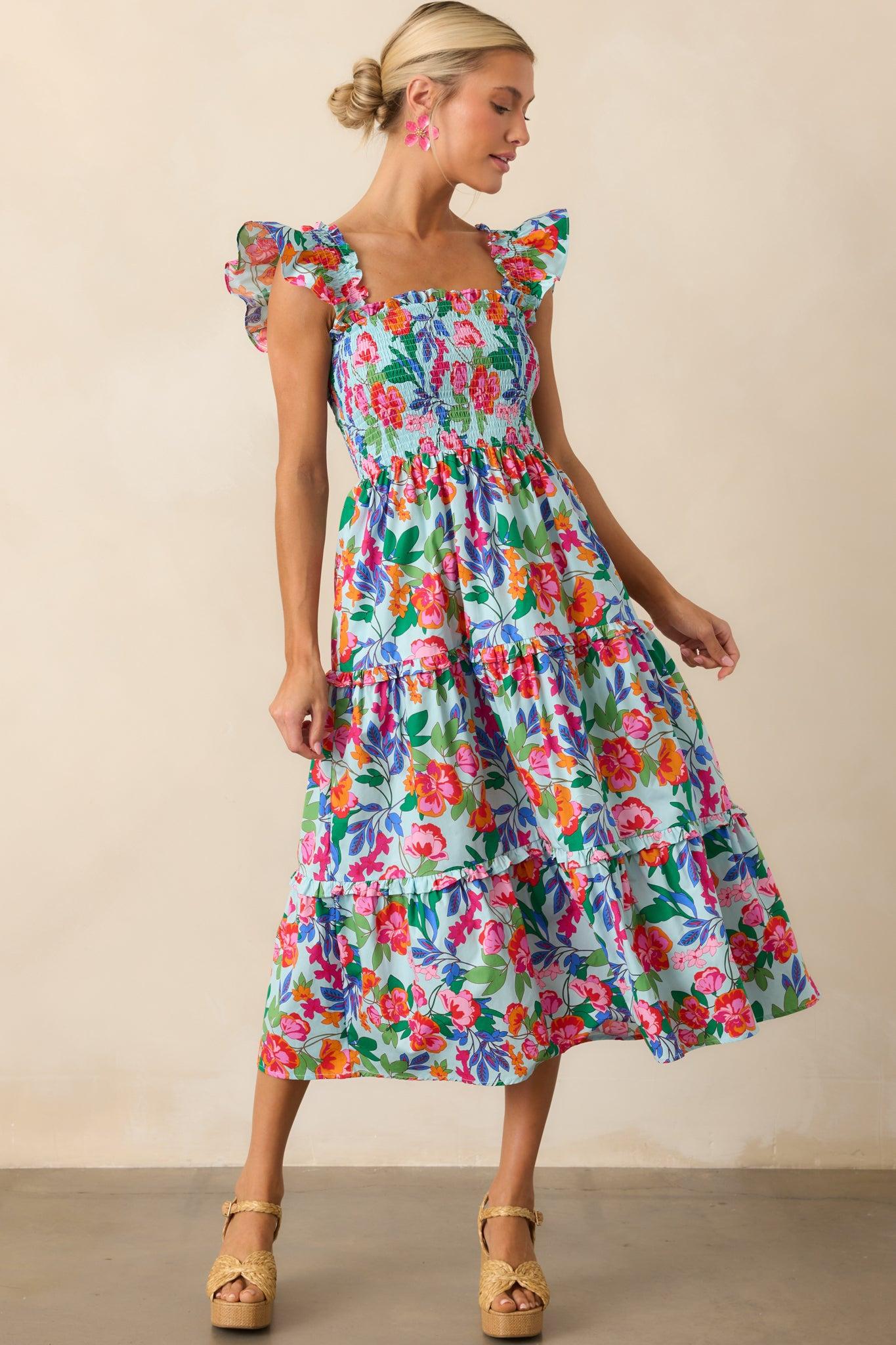 Life In Full Bloom Light Blue Floral Cotton Midi Dress Product Image