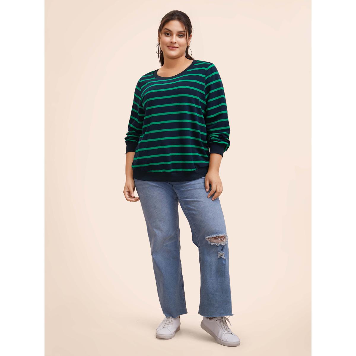 Plus Size Round Neck Striped Stretchy Sweatshirt Women Midnight Casual Contrast Round Neck Everyday Sweatshirts BloomChic 26/4X Product Image