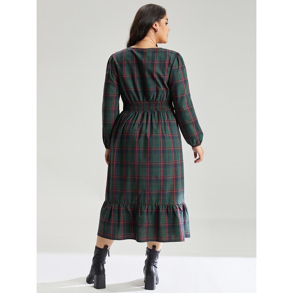 Plus Size Plaid Shirred Button Detail Ruffle Hem Dress Multicolor Women Office Elastic cuffs V-neck Long Sleeve Curvy Midi Dress BloomChic 18-20/2X Product Image