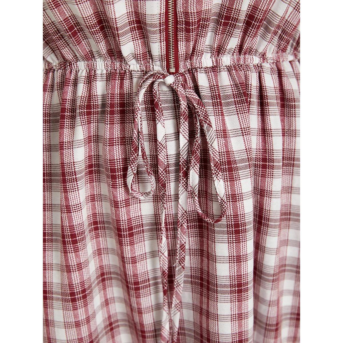 Plus Size Plaid Drawstring Zipper Notched Tab Sleeve Dress Raspberry Women Elegant Zipper Notched collar Long Sleeve Curvy Knee Dress BloomChic 12/L Product Image