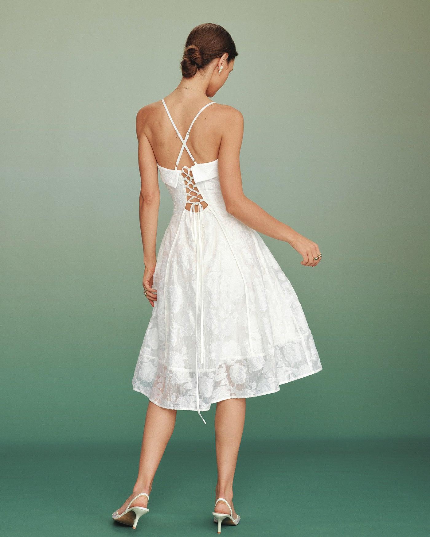White Square Neck Jacquard Slip Midi Dress Product Image
