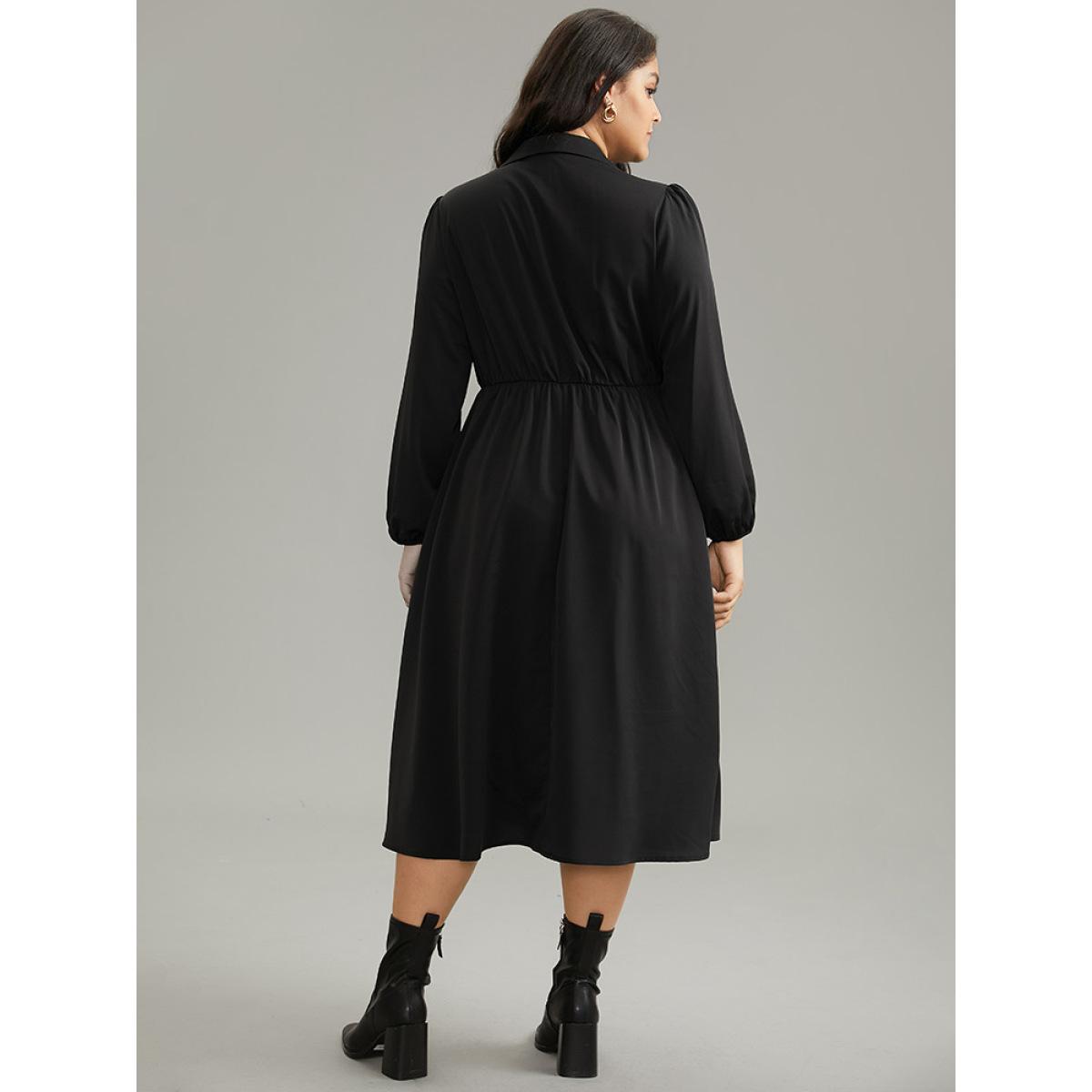 Plus Size Static-Free Plain Button Detail Lantern Sleeve Dress Black Women Office Elastic cuffs Shirt collar Long Sleeve Curvy Midi Dress BloomChic 22-24/3X Product Image