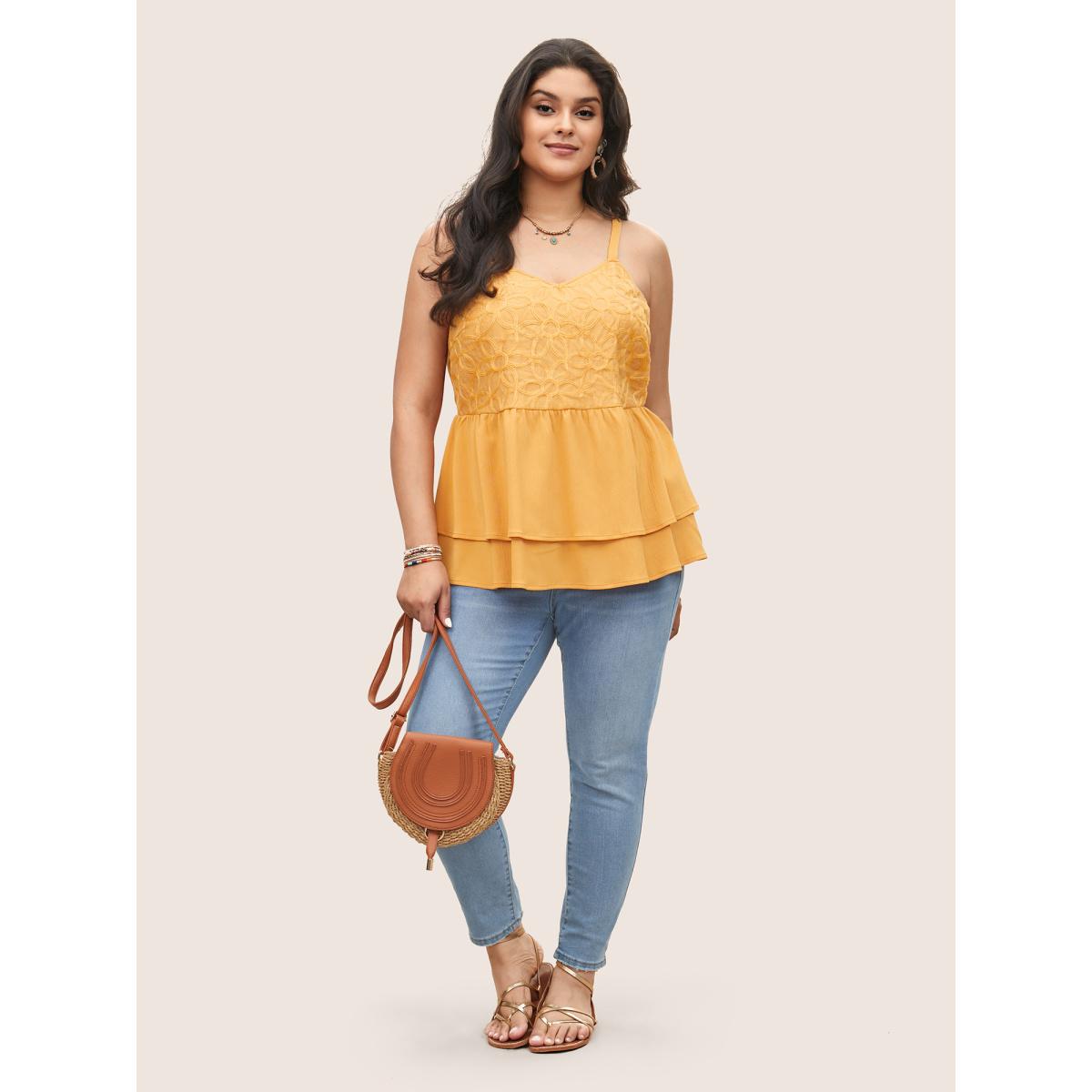 Plus Size Floral Texture Ruffle Layered Hem Cami Top Women Orange Resort Woven ribbon&lace trim Non Vacation Tank Tops Camis BloomChic 22-24/3X Product Image