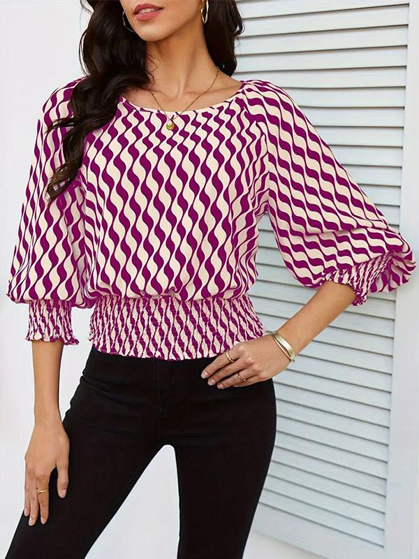 Loose Puff Sleeves Elasticity Printed Split-Joint Round-Neck Blouses&Shirts Tops Product Image