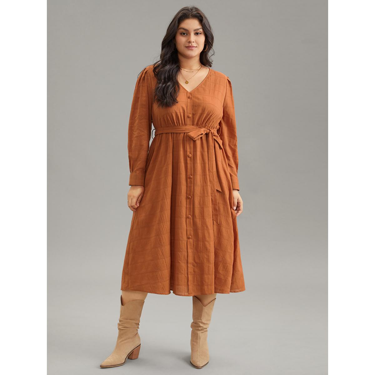 Plus Size Cotton Plain Textured Pleated Button Detail Belted Dress Chocolate Women Casual Plain V-neck Long Sleeve Curvy Midi Dress BloomChic 14-16/1X Product Image