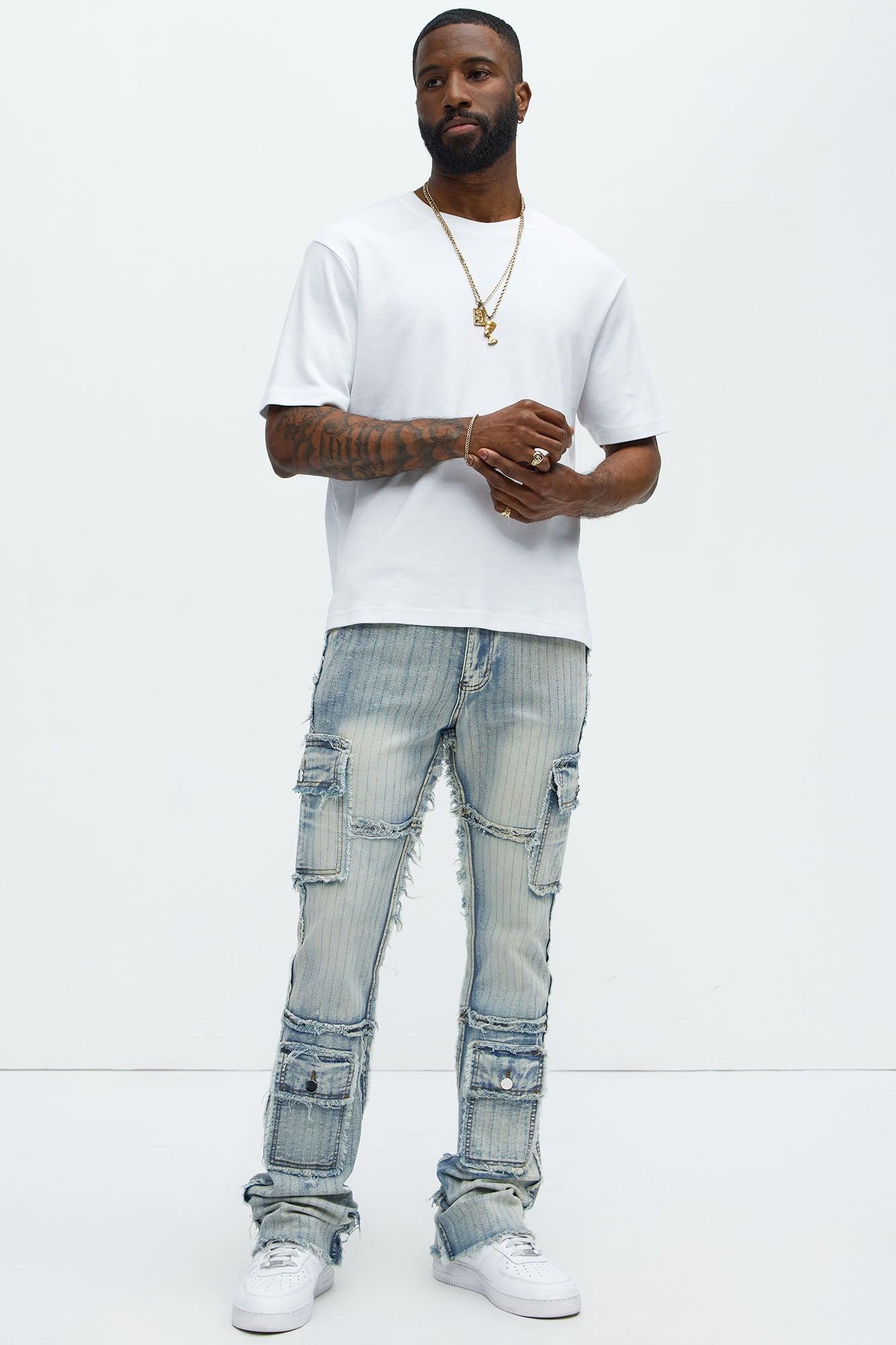 Stitched Down Cargo Stacked Skinny Flare Jeans - Light Wash Product Image