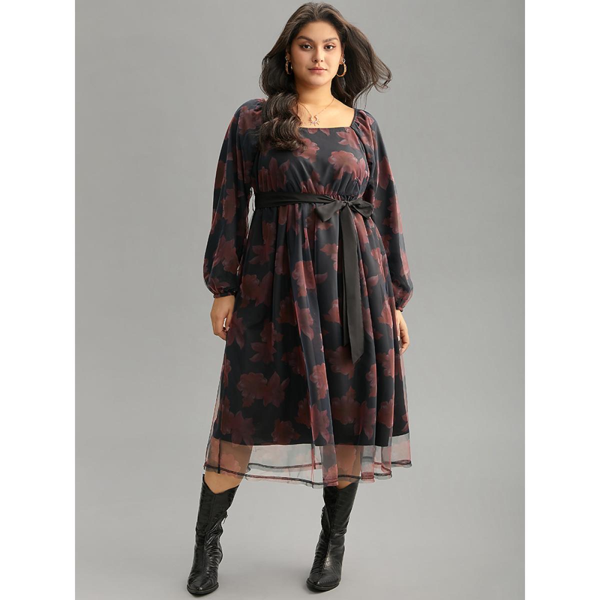Plus Size Floral Mesh Belted Gathered Lantern Sleeve Dress BlackFlower Women Casual Elastic cuffs Square Neck Long Sleeve Curvy Midi Dress BloomChic 12/L Product Image